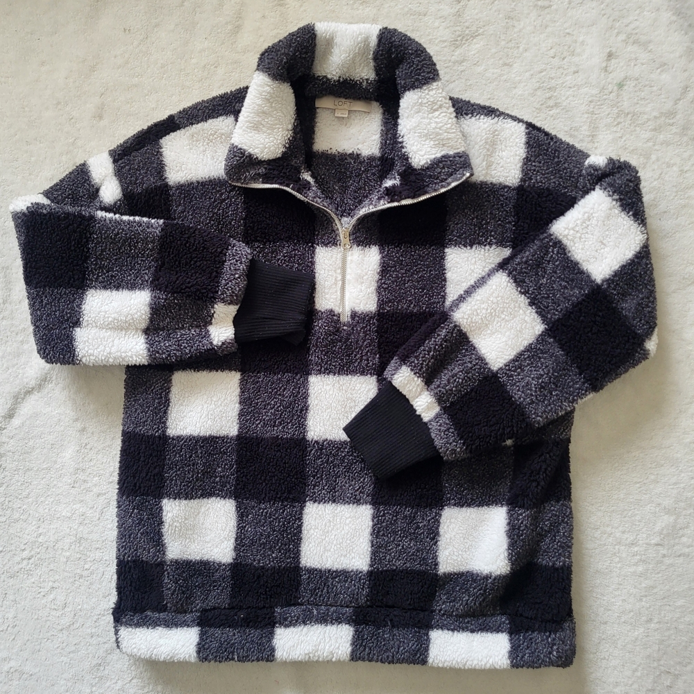 LOFT Black and White Plaid Zip-Up Sweater